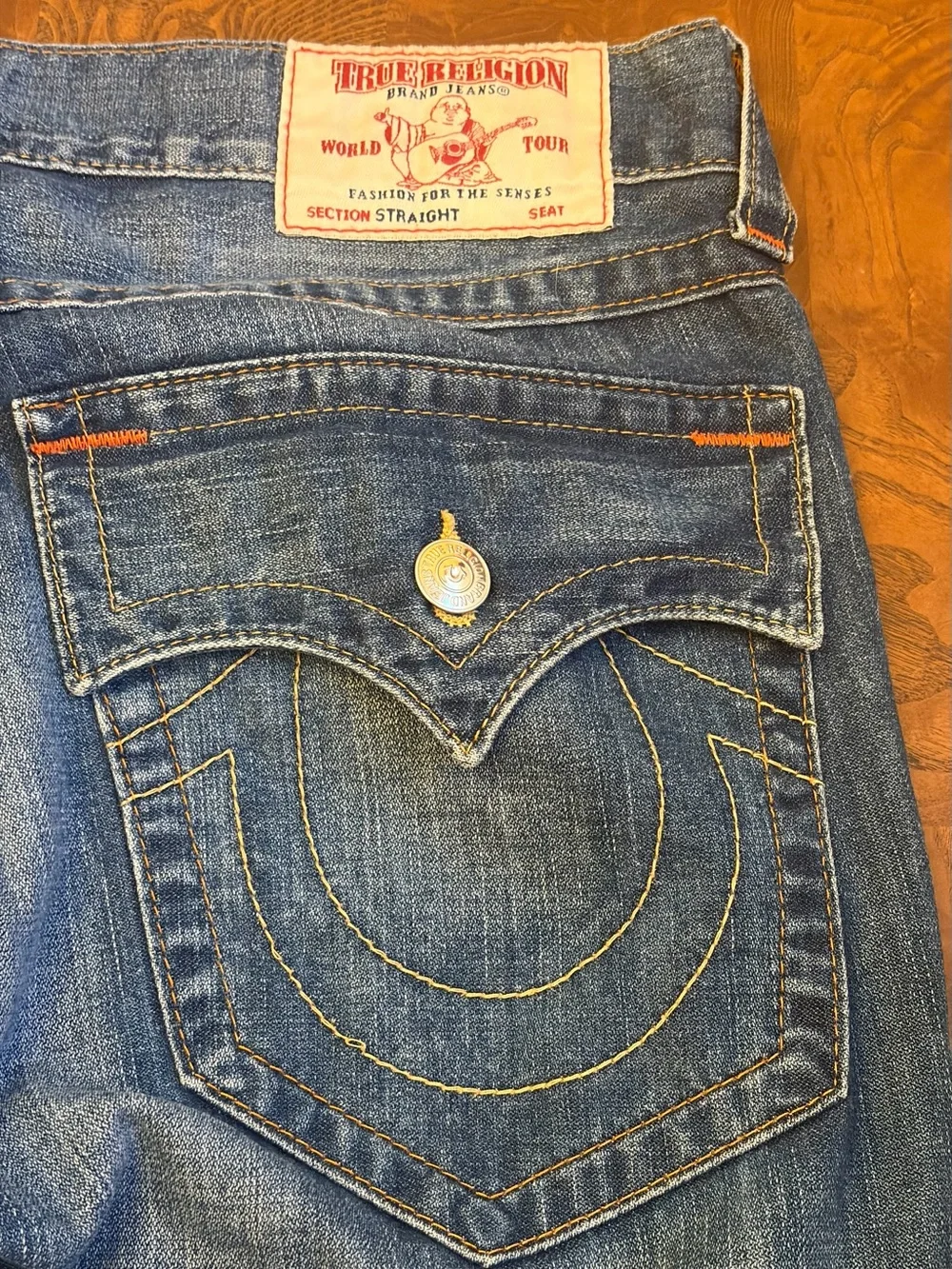 True Religion Men's Straight Jeans in Blue with Gold Stitching